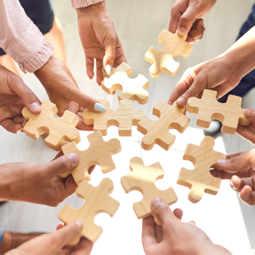 Many hands, each holding a piece of the puzzle... get support for your Executive Career path with Talent For Good's premium Holistic Executive Coaching Service.